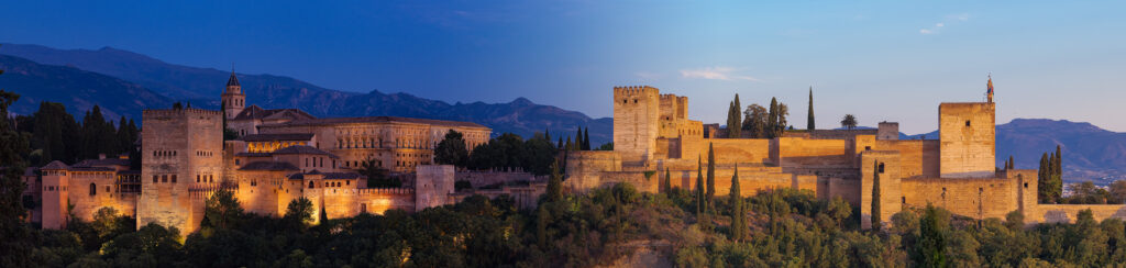 Alhambra, giga foto al atardecer, secuencia transición hora dorada a hora azul.